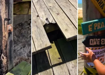 INTERDITADO : Com pilares e tábuas danificadas deque de madeira em Lagoa Funda em Marataízes/ES é isolado